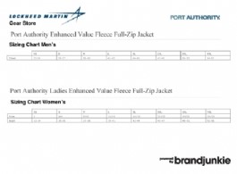 Size Chart for Port Authority F229 Enhanced Value Fleece Full-Zip